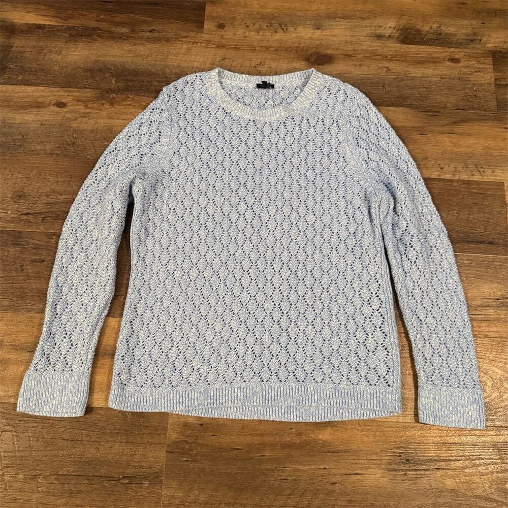 Talbots Diamond Open Knit Sweater Light Blue XL Heathered Coastal Nautical Beach